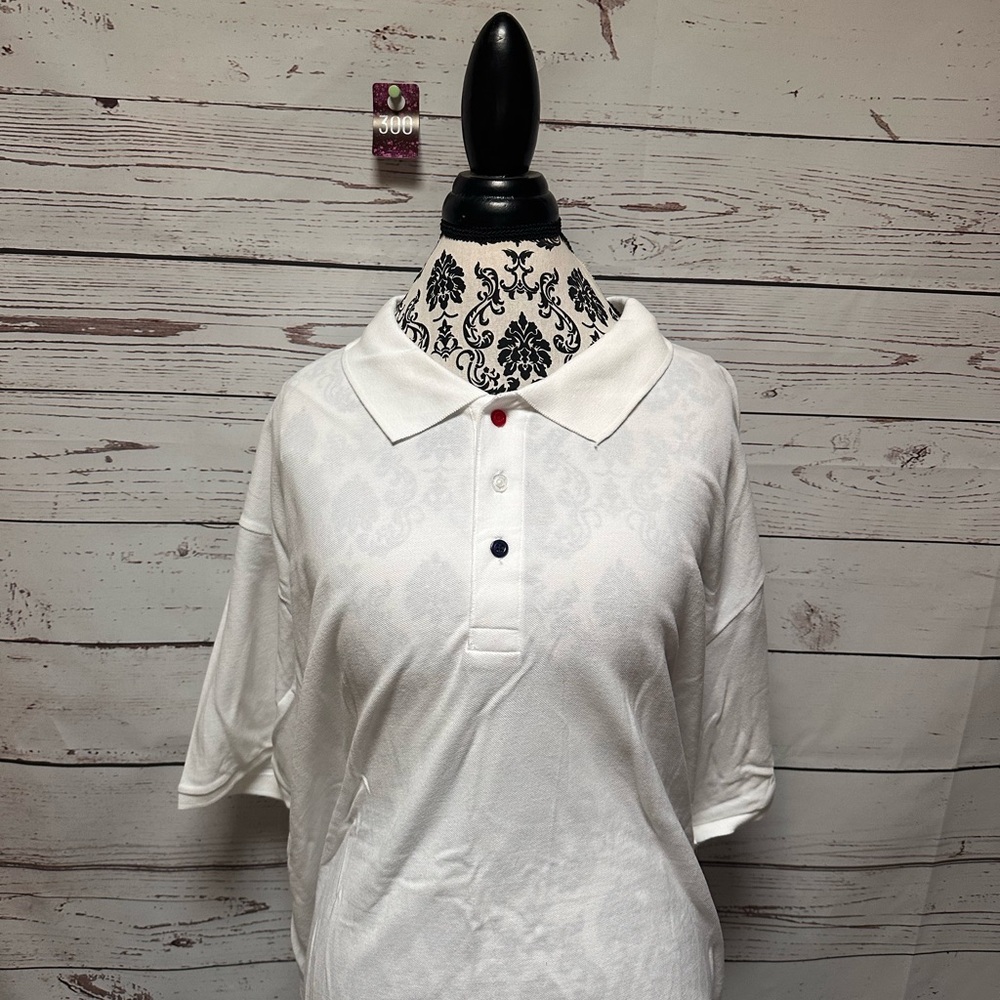 LuLaRoe White Polo Shirt with Red and Blue Buttons - Bud